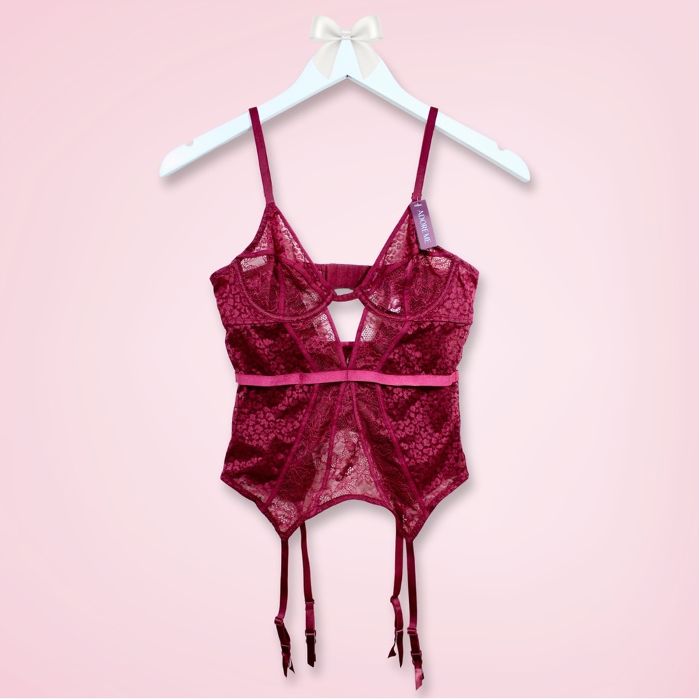 Adore Me Lynn Unlined Bustier Top 32A Wine Red Lace Leopard Print NWT